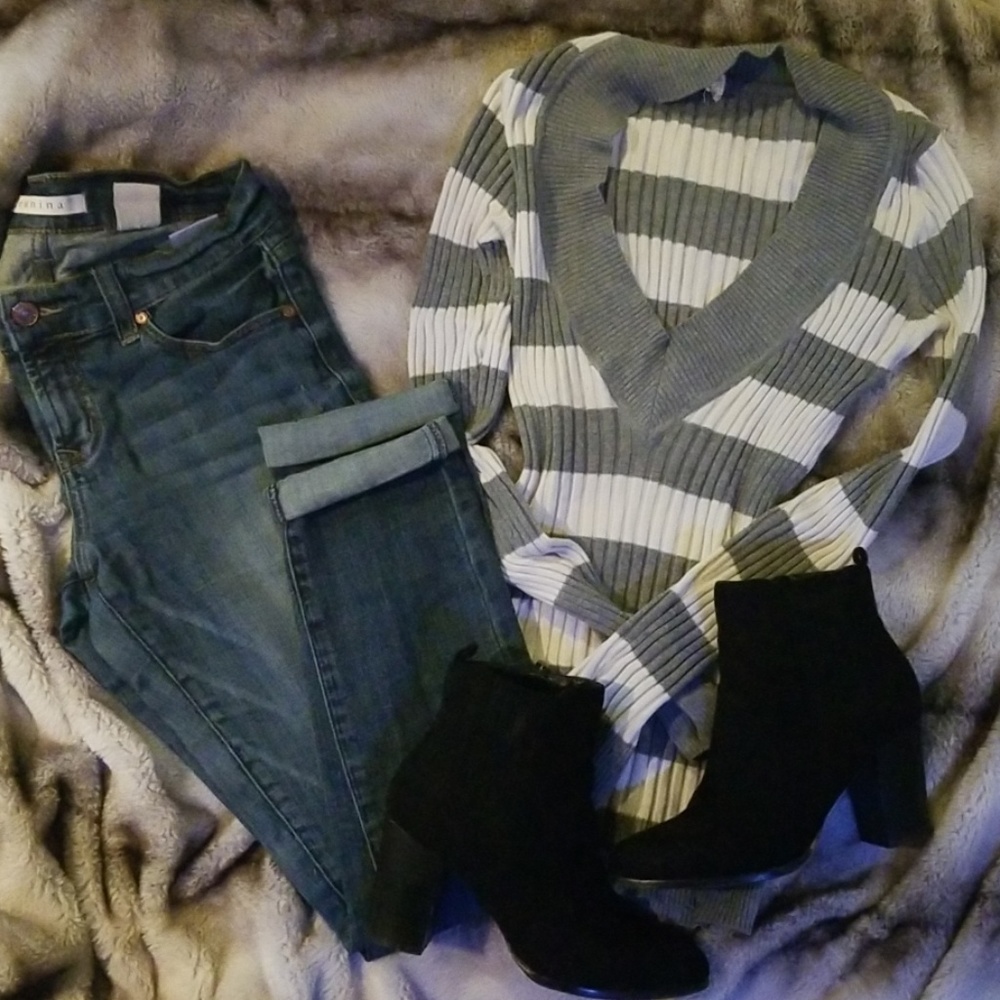 Grey and White Striped Long Sleeve Shirt - Medium